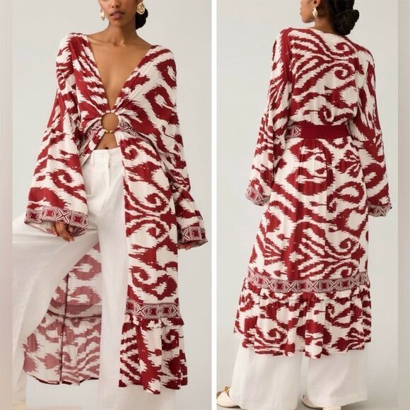 Anthropologie Other - NWT Anthropologie Women's Red Printed Front Ring Kaftan Cover Up Kimono Size M/L
